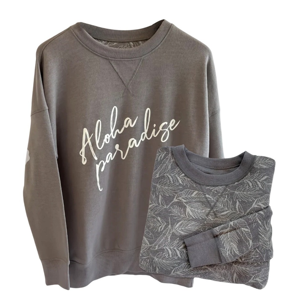 JaxSea Aloha Paradise‎ Sweatshirt Gray Pullover Crew Neck Reversible Size Small